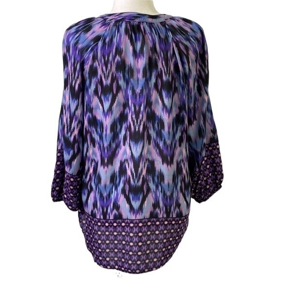 Beachlunchlounge Purple Ikat Boho V-Neck Popover Blouse Top Balloon 3/4 Sleeve - Picture 3 of 16